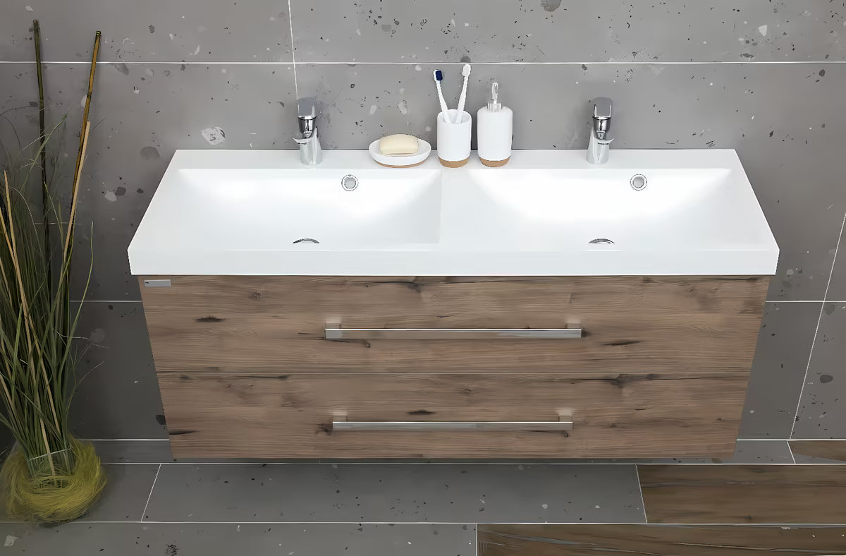 Wisząca szafka łazienkowa SAT Cube Way z podwójną umywalką w dekorze dąb wellington