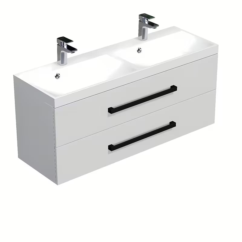 Wisząca szafka łazienkowa SAT Cube Way z podwójną umywalką 120x40 cm, biały połysk z czarnymi uchwytami.