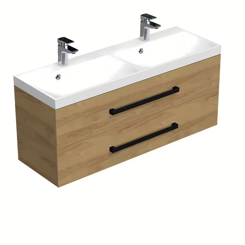 Wisząca szafka łazienkowa z umywalką SAT Cube Way 120x40 cm w dekorze dąb hickory z czarnymi uchwytami