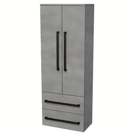 Wisząca wysoka szafka łazienkowa SAT Cube Way w dekorze imitacji betonu 60x163x33 cm z chromowanymi uchwytami.