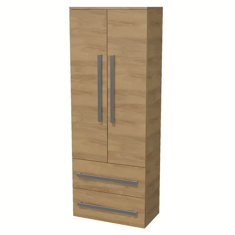 Wysoka wisząca szafka łazienkowa SAT Cube Way 60x163x33 cm w dekorze dąb hickory z chromowanymi uchwytami.