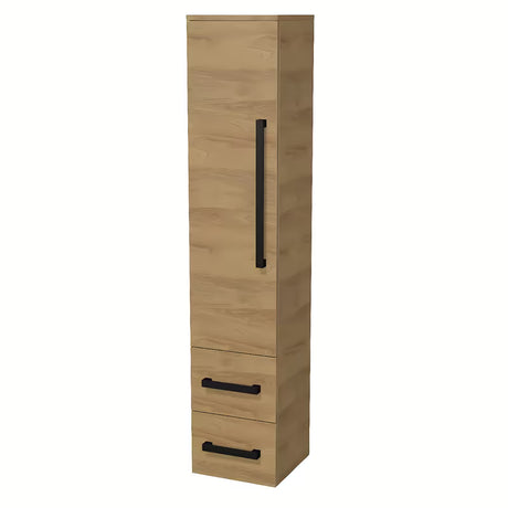 Wysoka szafka łazienkowa SAT Cube Way w dekorze dąb hickory z czarnymi uchwytami