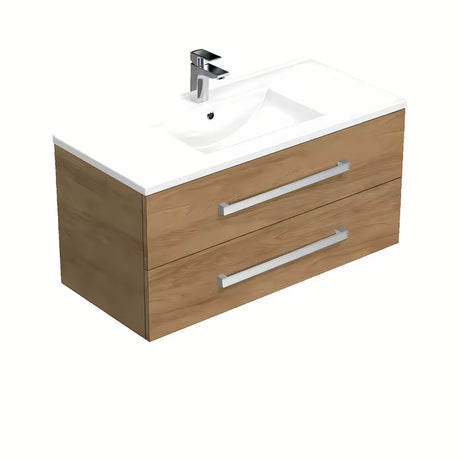 Wisząca szafka łazienkowa z umywalką ceramiczną SAT Cube Way w dekorze dąb hickory