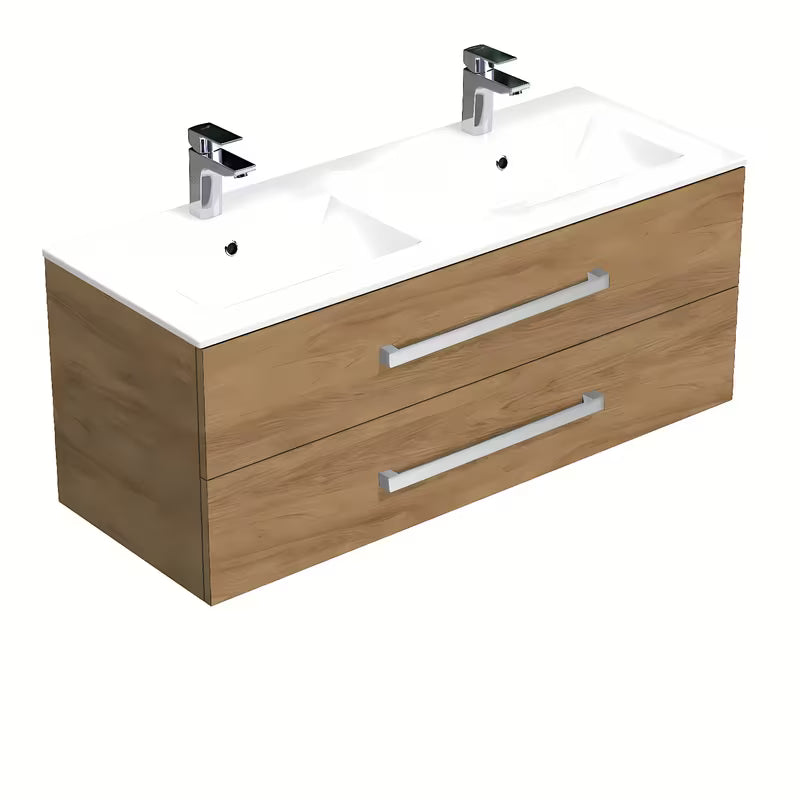 Wisząca szafka łazienkowa SAT Cube Way z umywalką ceramiczną w dekorze dąb hickory