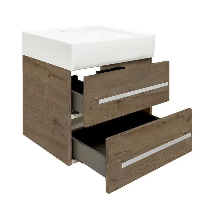 Wisząca szafka z umywalką ceramiczną SAT Cube Way w dekorze dąb wellington z matowym wykończeniem
