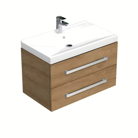 Wisząca szafka łazienkowa SAT Cube Way z umywalką ceramiczną w dekorze dąb hickory