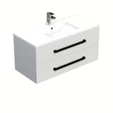 Wisząca szafka łazienkowa SAT Cube Way z umywalką ceramiczną w białym połysku i czarnymi uchwytami