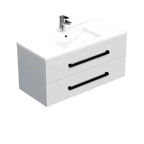 Wisząca szafka łazienkowa SAT Cube Way z umywalką ceramiczną w białym połysku i czarnymi uchwytami