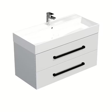 Wisząca szafka łazienkowa SAT Cube Way z umywalką ceramiczną w białym połysku i czarnymi uchwytami