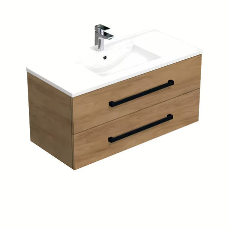 Wisząca szafka łazienkowa z umywalką ceramiczną SAT Cube Way w dekorze dąb hickory