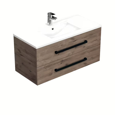Wisząca szafka łazienkowa SAT Cube Way z umywalką ceramiczną w dekorze dąb Wellington i czarnymi uchwytami.