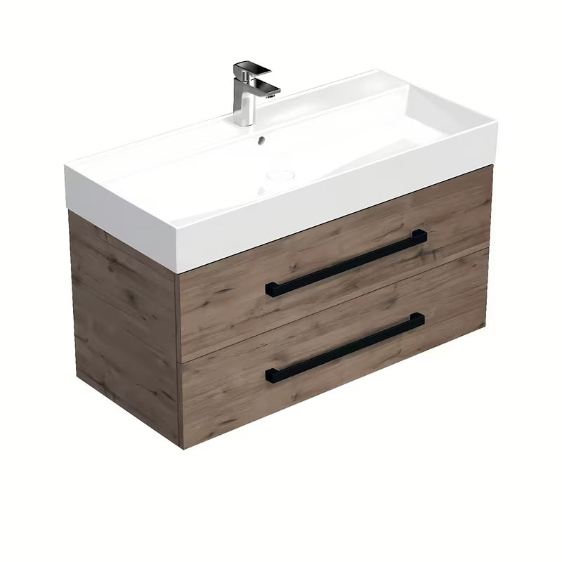 Wisząca szafka łazienkowa z umywalką ceramiczną SAT Cube Way w dekorze dąb Wellington