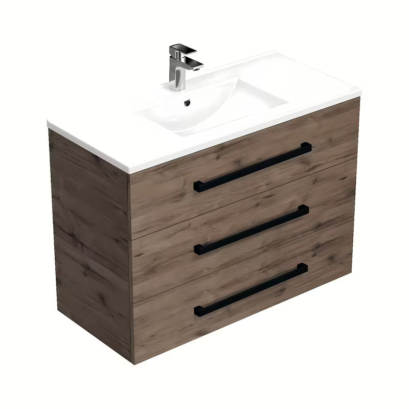 Wisząca szafka łazienkowa SAT Cube Way z umywalką ceramiczną w dekorze dębu wellington