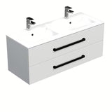 Wisząca szafka łazienkowa SAT Cube Way z umywalką ceramiczną w białym połysku z czarnymi uchwytami