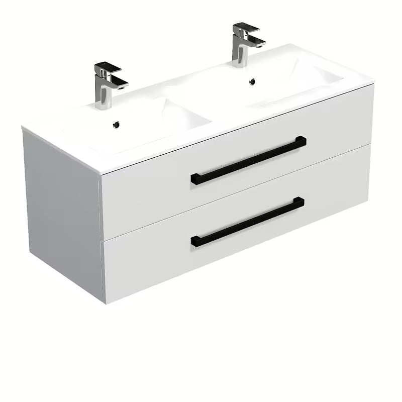 Wisząca szafka łazienkowa SAT Cube Way z umywalką ceramiczną w białym połysku z czarnymi uchwytami