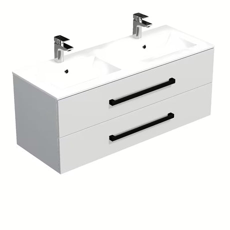 Wisząca szafka łazienkowa SAT Cube Way z umywalką ceramiczną w białym połysku z czarnymi uchwytami