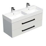 Wisząca szafka łazienkowa SAT Cube Way z umywalką ceramiczną w białym połysku z czarnymi uchwytami
