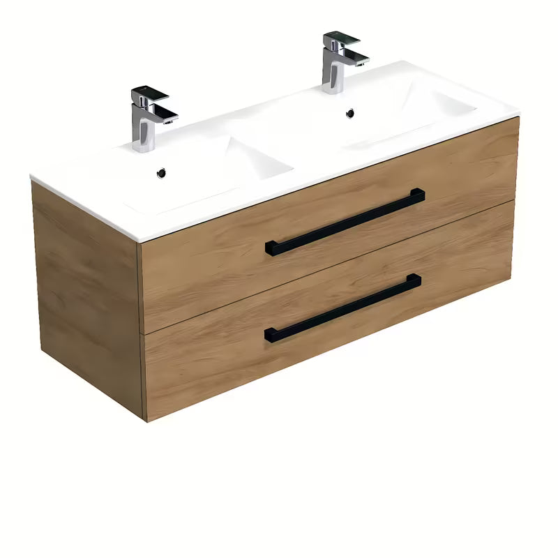 Wisząca szafka łazienkowa SAT Cube Way z umywalką ceramiczną w dekorze dąb hickory