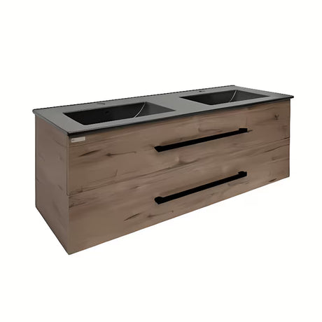 Wisząca szafka łazienkowa z ceramiczną umywalką podwójną SAT Cube Way w dekorze dębu Wellington