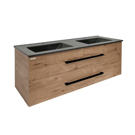 Wisząca szafka łazienkowa z ceramiczną umywalką podwójną SAT Cube Way w dekorze dębu Wellington