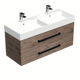 Wisząca szafka łazienkowa z umywalką ceramiczną SAT Cube Way w dekorze dębu wellington z czarnymi uchwytami