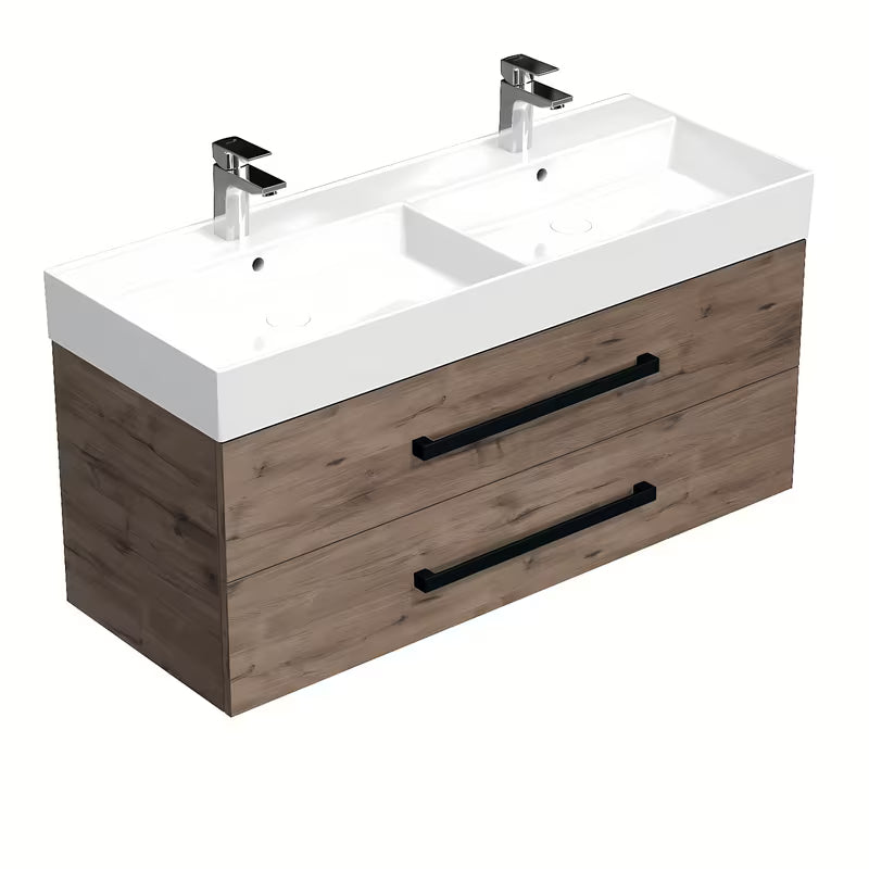 Wisząca szafka łazienkowa z umywalką ceramiczną SAT Cube Way w dekorze dębu wellington z czarnymi uchwytami