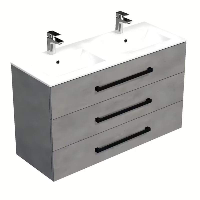 Wisząca szafka łazienkowa SAT Cube Way z umywalką ceramiczną w dekorze imitacji betonu z czarnymi uchwytami