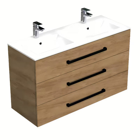 Wisząca szafka łazienkowa SAT Cube Way z umywalką ceramiczną w dekorze dąb hickory i trzema szufladami.