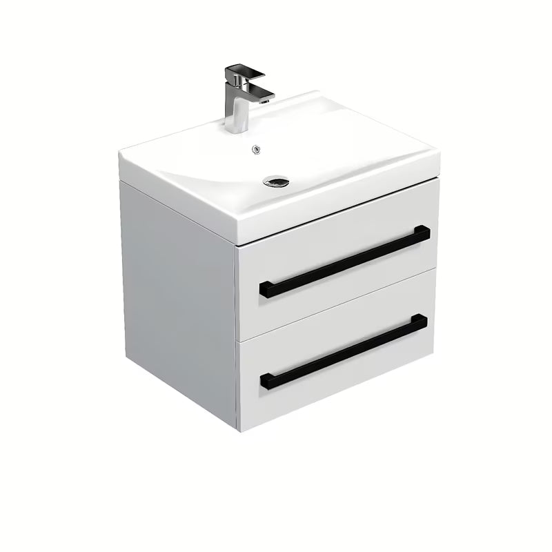 Wisząca szafka łazienkowa SAT Cube Way z umywalką ceramiczną w białym połysku i z czarnymi uchwytami.