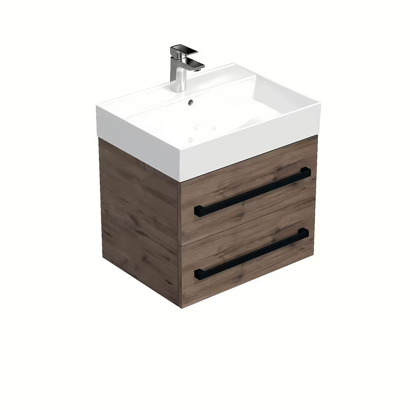 Wisząca szafka łazienkowa z umywalką ceramiczną SAT Cube Way w dekorze dąb wellington z czarnymi uchwytami.