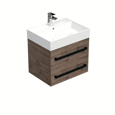 Wisząca szafka łazienkowa z umywalką ceramiczną SAT Cube Way w dekorze dąb wellington z czarnymi uchwytami.