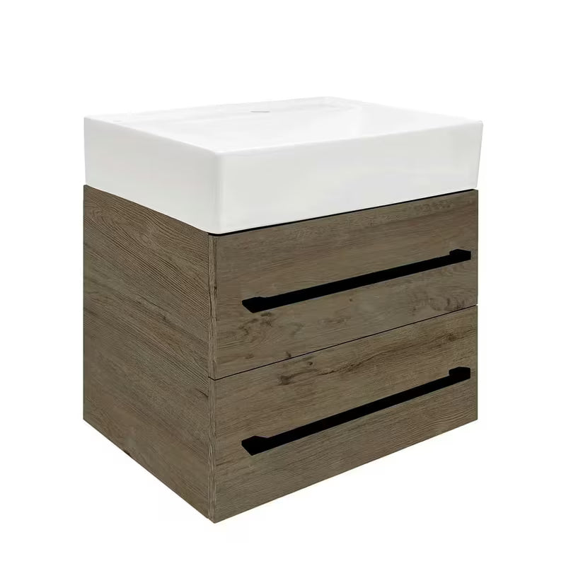 Wisząca szafka łazienkowa SAT Cube Way z umywalką ceramiczną w dekorze dębu Wellington