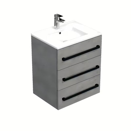 Wisząca szafka łazienkowa SAT Cube Way z umywalką ceramiczną w dekorze imitacja betonu i czarnymi uchwytami.