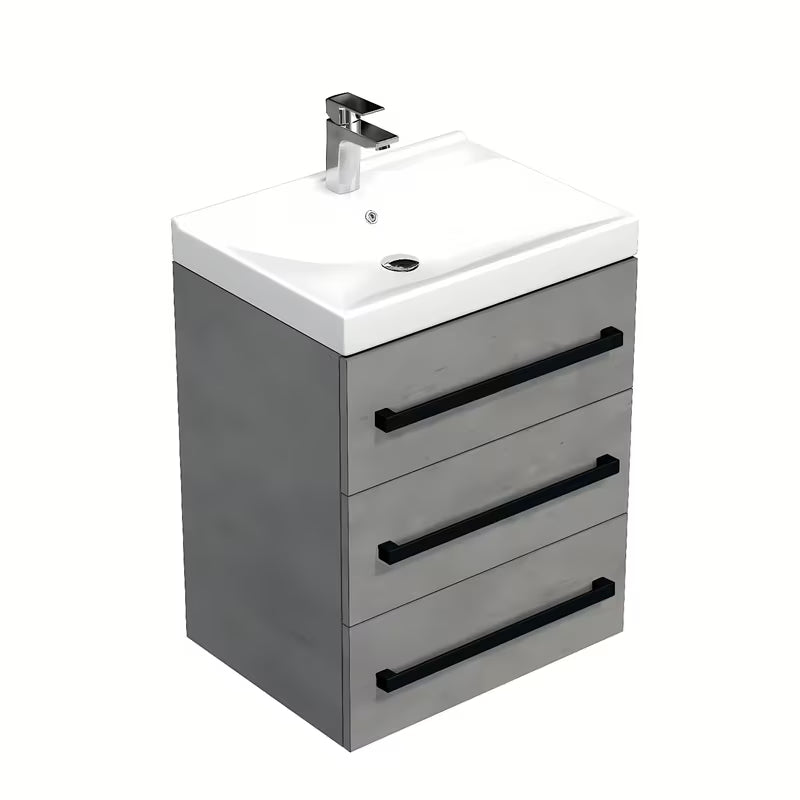 Wisząca szafka łazienkowa z umywalką ceramiczną SAT Cube Way w dekorze imitacja betonu z czarnymi uchwytami.