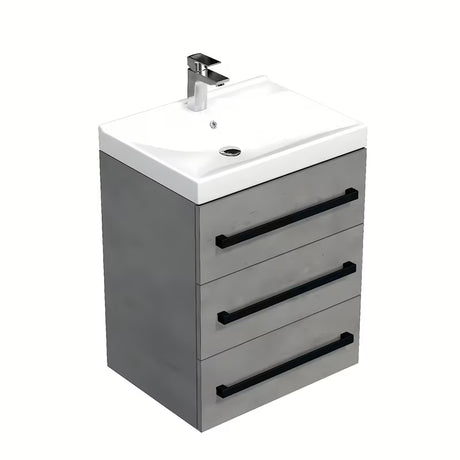Wisząca szafka łazienkowa z umywalką ceramiczną SAT Cube Way w dekorze imitacja betonu z czarnymi uchwytami.