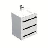 Wisząca szafka łazienkowa SAT Cube Way z umywalką ceramiczną w białym połysku i czarnymi uchwytami