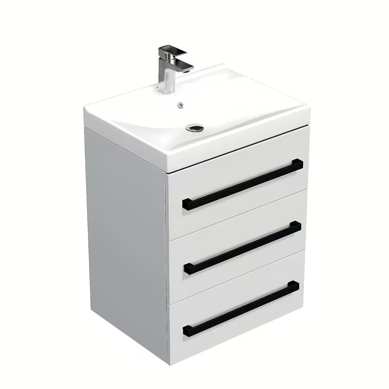 Wisząca szafka łazienkowa z umywalką ceramiczną SAT Cube Way w białym połysku z czarnymi uchwytami
