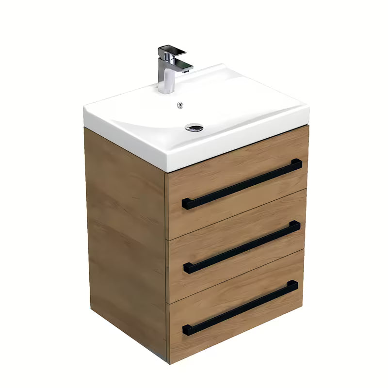 Wisząca szafka łazienkowa SAT Cube Way z umywalką ceramiczną w dekorze dębu hickory i trzema szufladami