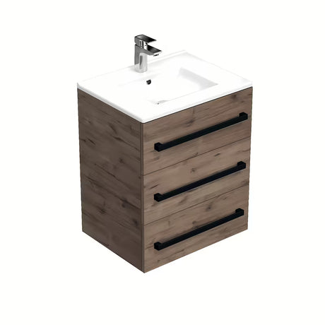 Wisząca szafka łazienkowa SAT Cube Way z umywalką ceramiczną w dekorze dąb wellington i czarnymi uchwytami.