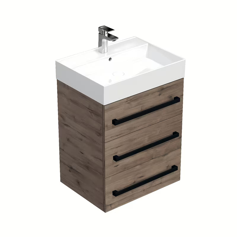 Wisząca szafka z umywalką ceramiczną SAT Cube Way w dekorze dąb wellington z czarnym uchwytem