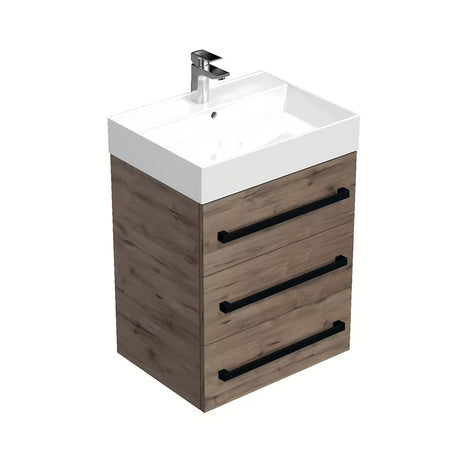 Wisząca szafka z umywalką ceramiczną SAT Cube Way w dekorze dąb wellington z czarnym uchwytem