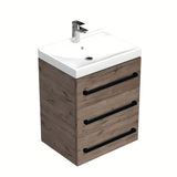 Wisząca szafka łazienkowa SAT Cube Way z umywalką ceramiczną w dekorze dębu wellington i czarnymi uchwytami.
