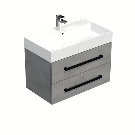 Wisząca szafka łazienkowa SAT Cube Way z umywalką ceramiczną w imitacji betonu i czarnymi uchwytami
