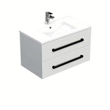 Wisząca szafka łazienkowa SAT Cube Way z umywalką ceramiczną w białym połysku i czarnymi uchwytami