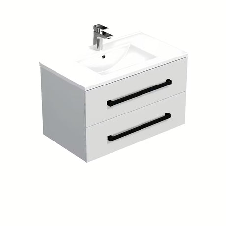 Wisząca szafka łazienkowa SAT Cube Way z umywalką ceramiczną w białym połysku i czarnymi uchwytami
