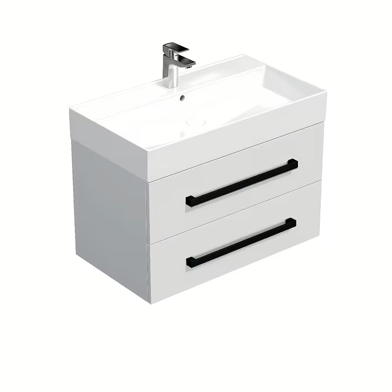 Wisząca szafka łazienkowa z umywalką ceramiczną SAT Cube Way w białym połysku z czarnymi uchwytami