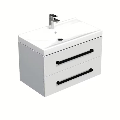 Wisząca szafka łazienkowa SAT Cube Way z umywalką ceramiczną w białym połysku i czarnymi uchwytami
