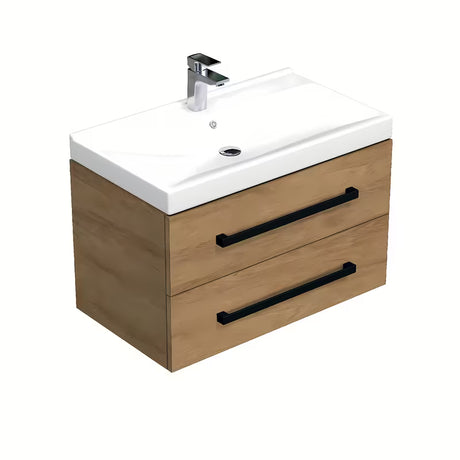 Wisząca szafka łazienkowa SAT Cube Way z umywalką ceramiczną w dekorze dąb hickory