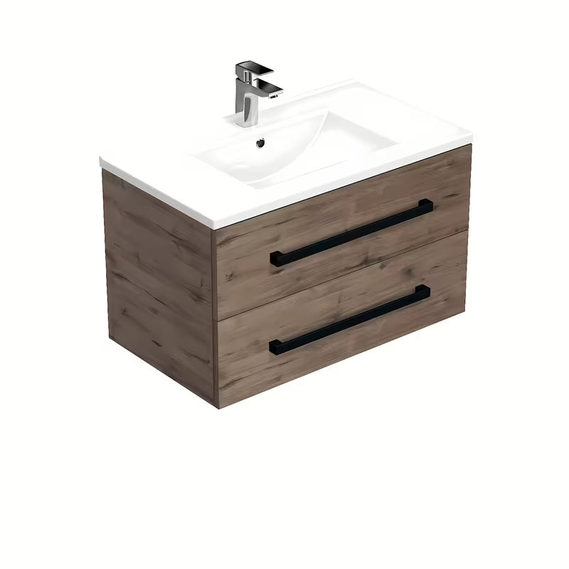 Wisząca szafka łazienkowa SAT Cube Way z umywalką ceramiczną w dekorze dębu Wellington