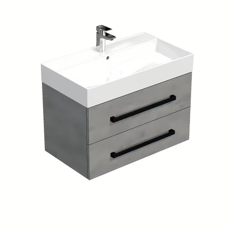 Wisząca szafka łazienkowa SAT Cube Way z umywalką ceramiczną w imitacji betonu i czarnymi uchwytami.